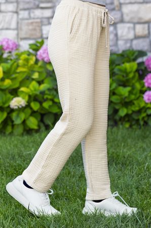 Beli Lastikli Multi Çift Cepli Müslin Kadın/Erkek Unisex Yazlık Pantolon Vizon Vzn