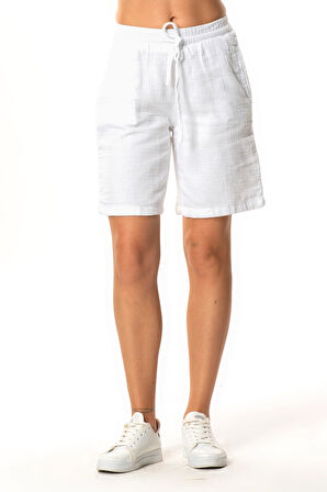 İnci Bağlamalı Uzun Yazlık Müslin Şort Beyaz Byz