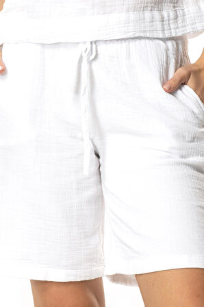 İnci Bağlamalı Uzun Yazlık Müslin Şort Beyaz Byz