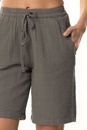 İnci Bağlamalı Uzun Yazlık Müslin Şort Gri Gri