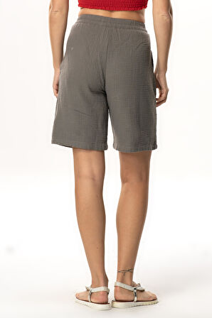 İnci Bağlamalı Uzun Yazlık Müslin Şort Gri Gri