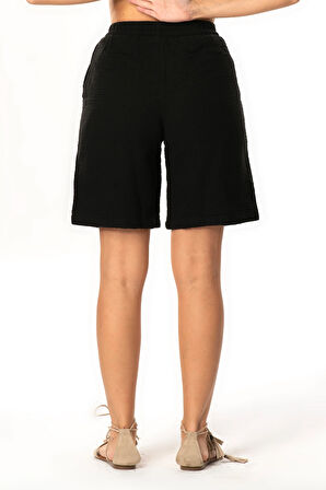 İnci Bağlamalı Uzun Yazlık Müslin Şort Siyah Syh