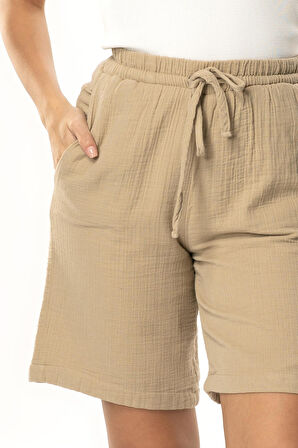 İnci Bağlamalı Uzun Yazlık Müslin Şort Vizon Vzn