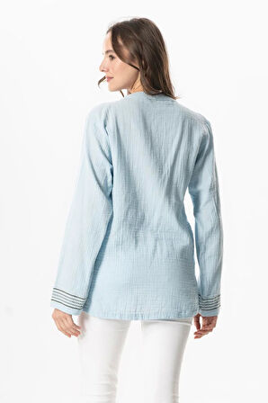 Uzun Kol İbiza Nakışlı Kadın Müslin Yazlık Tshirt Buz Mavi Bmv