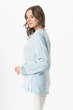 Uzun Kol İbiza Nakışlı Kadın Müslin Yazlık Tshirt Buz Mavi Bmv