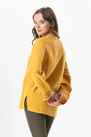 Uzun Kol İbiza Nakışlı Kadın Müslin Yazlık Tshirt Hardal Hrd