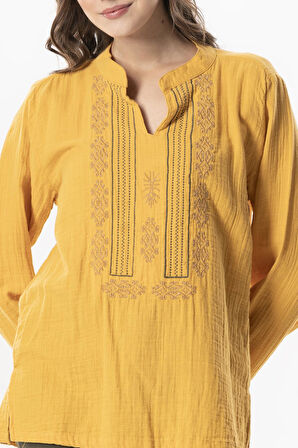 Uzun Kol İbiza Nakışlı Kadın Müslin Yazlık Tshirt Hardal Hrd