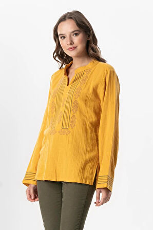 Uzun Kol İbiza Nakışlı Kadın Müslin Yazlık Tshirt Hardal Hrd