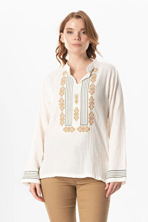 Uzun Kol İbiza Nakışlı Kadın Müslin Yazlık Tshirt Kırık Beyaz KrkByz