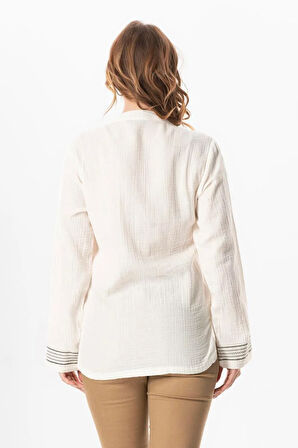 Uzun Kol İbiza Nakışlı Kadın Müslin Yazlık Tshirt Kırık Beyaz KrkByz