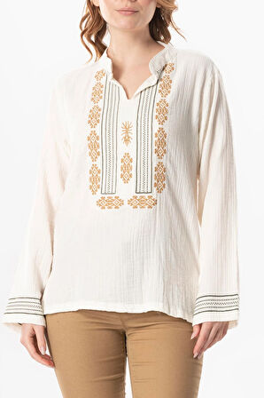 Uzun Kol İbiza Nakışlı Kadın Müslin Yazlık Tshirt Kırık Beyaz KrkByz