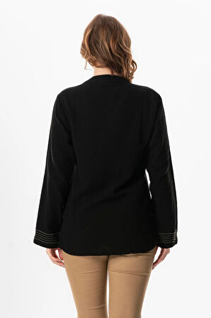 Uzun Kol İbiza Nakışlı Kadın Müslin Yazlık Tshirt Siyah Syh