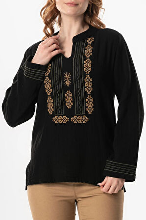 Uzun Kol İbiza Nakışlı Kadın Müslin Yazlık Tshirt Siyah Syh