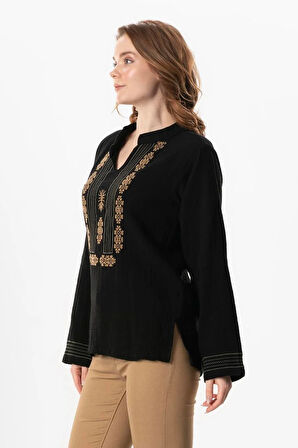 Uzun Kol İbiza Nakışlı Kadın Müslin Yazlık Tshirt Siyah Syh