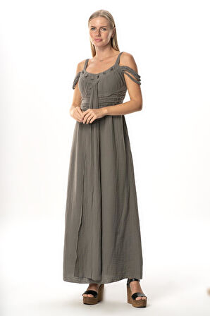 Askılı Kleopatra Kol Detaylı Uzun Müslin Yazlık Elbise Gri Gri