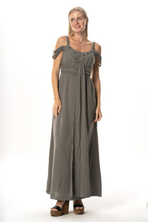 Askılı Kleopatra Kol Detaylı Uzun Müslin Yazlık Elbise Gri Gri