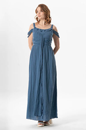 Askılı Kleopatra Kol Detaylı Uzun Müslin Yazlık Elbise İndigo indg