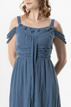 Askılı Kleopatra Kol Detaylı Uzun Müslin Yazlık Elbise İndigo indg