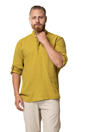 Uzun Kol Hakim Yaka Müslin Yazlık Sweatshirt Yağ Yeşili Ygysl