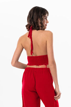 Göcek Bağlama Detaylı Yazlık Müslin Büstiyer Kırmızı Krmz