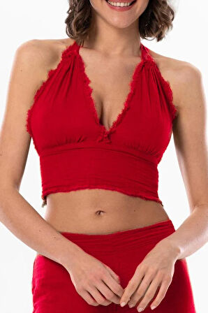 Göcek Bağlama Detaylı Yazlık Müslin Büstiyer Kırmızı Krmz