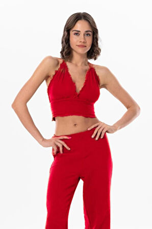 Göcek Bağlama Detaylı Yazlık Müslin Büstiyer Kırmızı Krmz