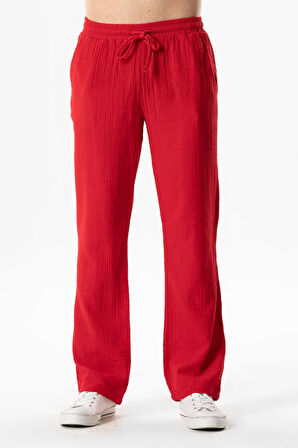 Müslin Beli Lastikli Çift Cepli Erkek Yazlık Pantolon Kırmızı Krmz