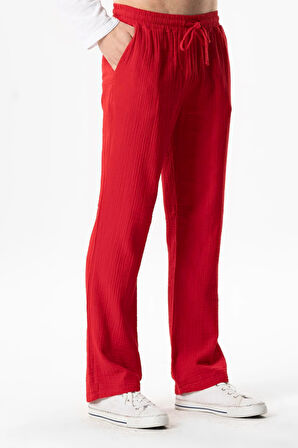 Müslin Beli Lastikli Çift Cepli Erkek Yazlık Pantolon Kırmızı Krmz