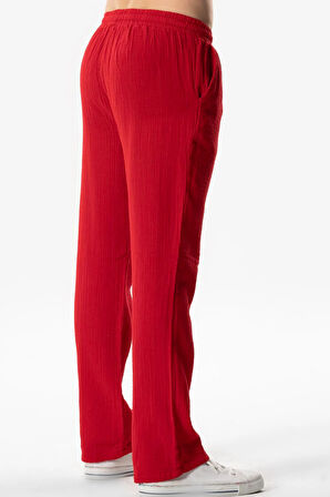 Müslin Beli Lastikli Çift Cepli Erkek Yazlık Pantolon Kırmızı Krmz