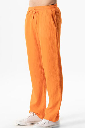 Müslin Beli Lastikli Çift Cepli Erkek Yazlık Pantolon Turuncu Trnc