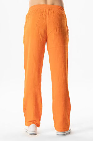 Müslin Beli Lastikli Çift Cepli Erkek Yazlık Pantolon Turuncu Trnc