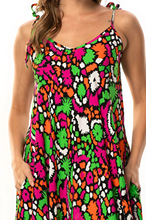 Askılı Viskon Suzan Uzun Yazlık Elbise Soyut Siyah Syt syh