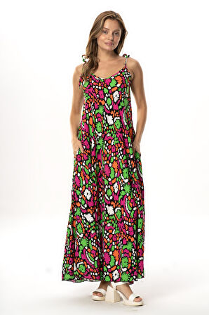 Askılı Viskon Suzan Uzun Yazlık Elbise Soyut Siyah Syt syh