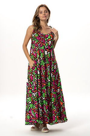 Askılı Viskon Suzan Uzun Yazlık Elbise Soyut Siyah Syt syh