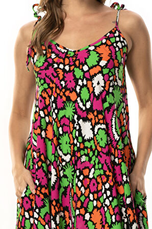 Askılı Viskon Suzan Uzun Yazlık Elbise Soyut Siyah Syt syh