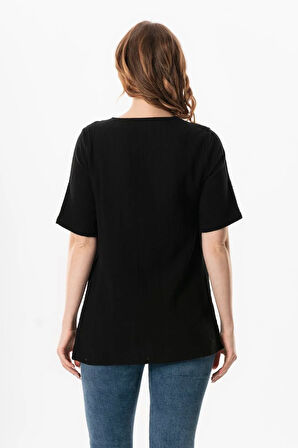 Kısa Kol Çiçek V Yaka Nakışlı Müslin Yazlık Bluz Siyah Syh