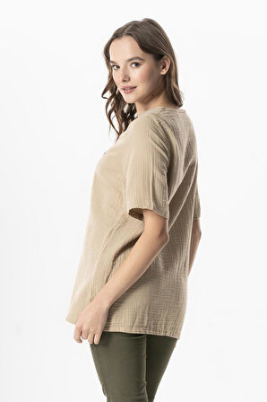 Kısa Kol Çiçek V Yaka Nakışlı Müslin Yazlık Bluz Vizon Vzn