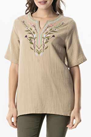 Kısa Kol Çiçek V Yaka Nakışlı Müslin Yazlık Bluz Vizon Vzn