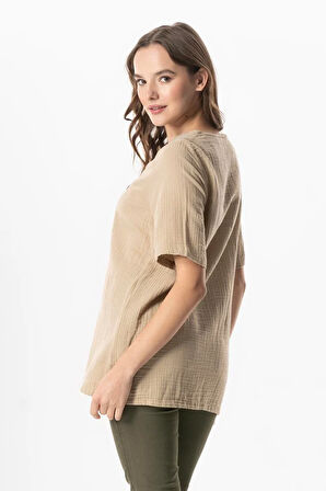 Kısa Kol Çiçek V Yaka Nakışlı Müslin Yazlık Bluz Vizon Vzn