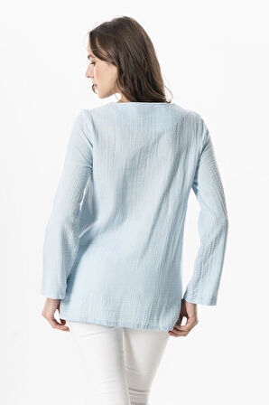 Uzun Kol Çiçek V Yaka Nakışlı Müslin Yazlık Bluz Buz Mavi Bmv