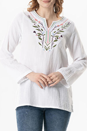 Uzun Kol Çiçek V Yaka Nakışlı Müslin Yazlık Bluz Beyaz Byz
