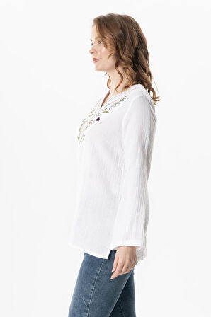 Uzun Kol Çiçek V Yaka Nakışlı Müslin Yazlık Bluz Beyaz Byz