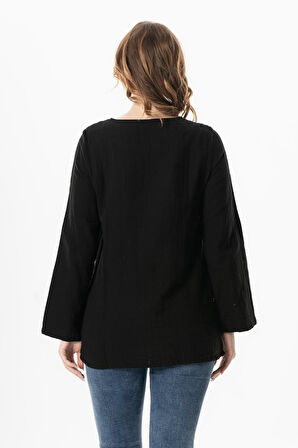 Uzun Kol Çiçek V Yaka Nakışlı Müslin Yazlık Bluz Siyah Syh