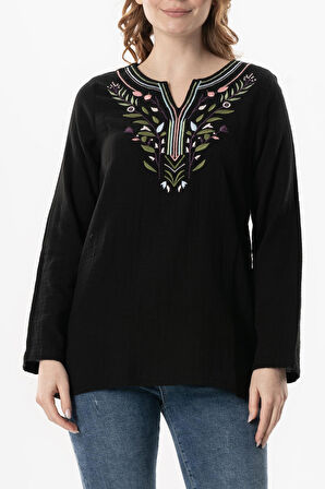 Uzun Kol Çiçek V Yaka Nakışlı Müslin Yazlık Bluz Siyah Syh