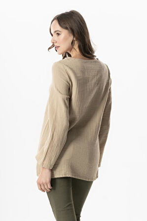 Uzun Kol Çiçek V Yaka Nakışlı Müslin Yazlık Bluz Vizon Vzn