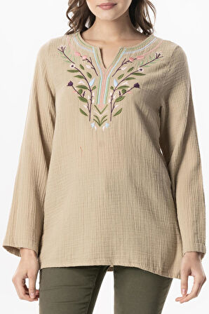 Uzun Kol Çiçek V Yaka Nakışlı Müslin Yazlık Bluz Vizon Vzn