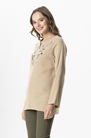 Uzun Kol Çiçek V Yaka Nakışlı Müslin Yazlık Bluz Vizon Vzn