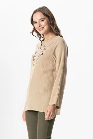 Uzun Kol Çiçek V Yaka Nakışlı Müslin Yazlık Bluz Vizon Vzn