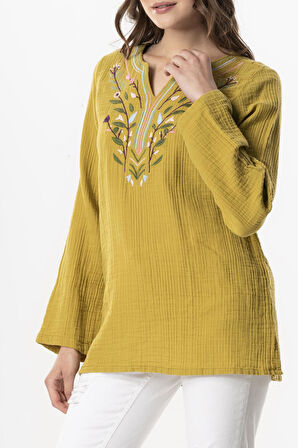 Uzun Kol Çiçek V Yaka Nakışlı Müslin Yazlık Bluz Yağ Yeşili Ygysl