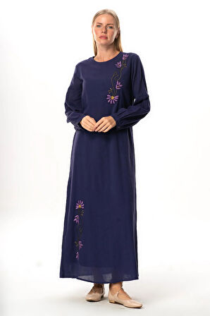 Uzun Kol Şile Bezi Gülşah Bisiklet Yaka Nakışlı Uzun Yazlık Elbise Mor Mor